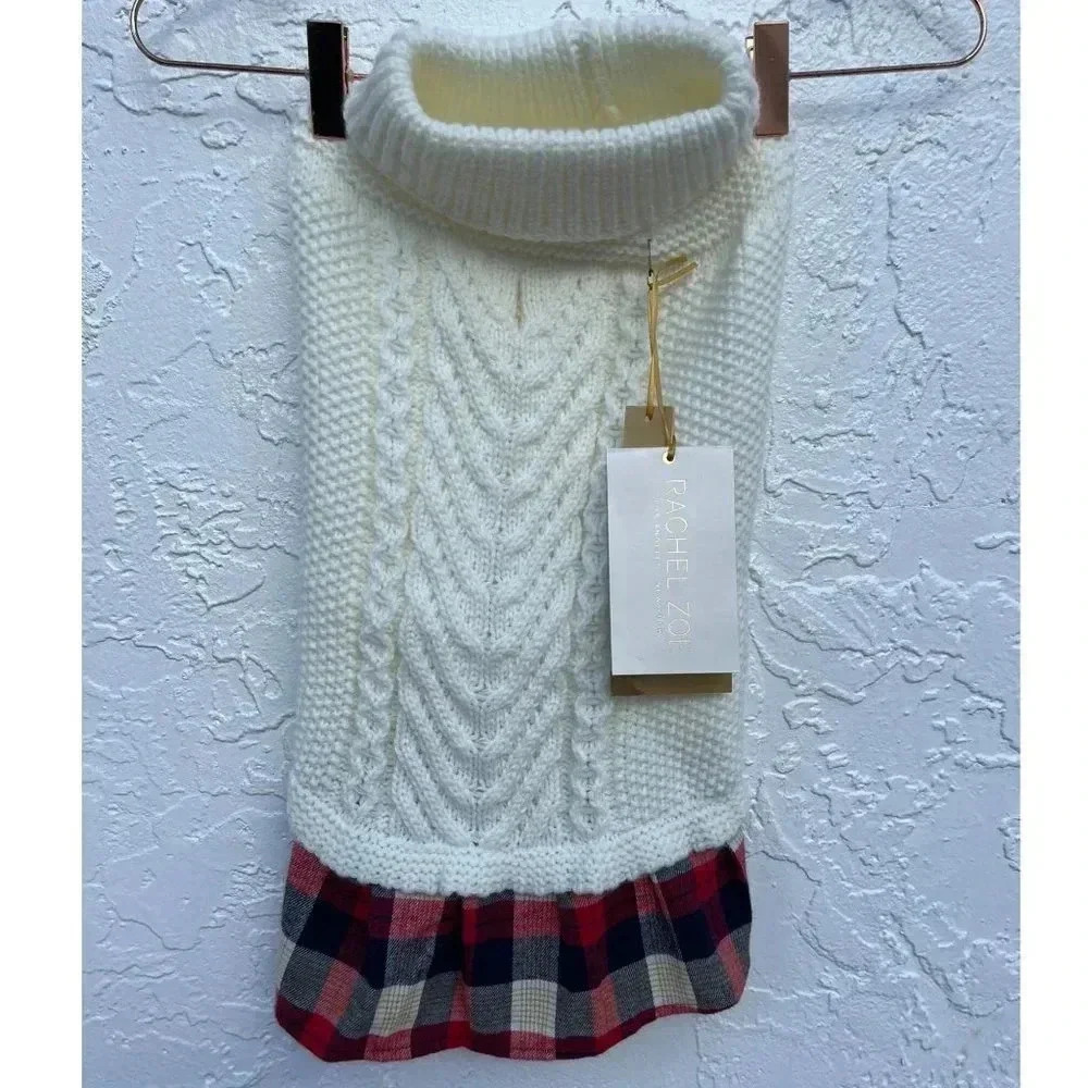 Rachel Zoe For Dogs Plaid Trim Cable Knit Sweater Ivory Sz Medium